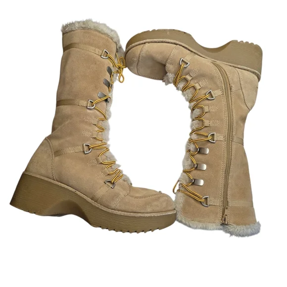 Report Icon Leather Tan Faux Fur Chunky Platform Lace Up Boots 7.5 - Picture 4 of 10